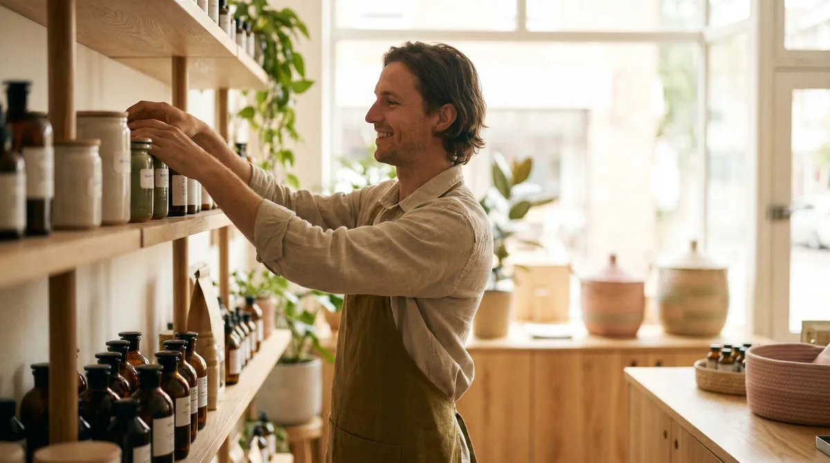 Pharmacist organizing shelves in a clean modern pharmacy