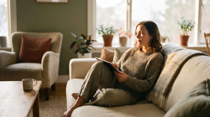 Woman researching on a tablet on a sofa