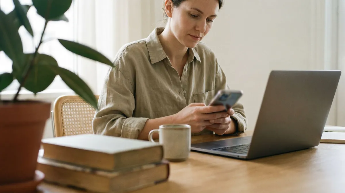 Woman checking her phone and laptop at a desk