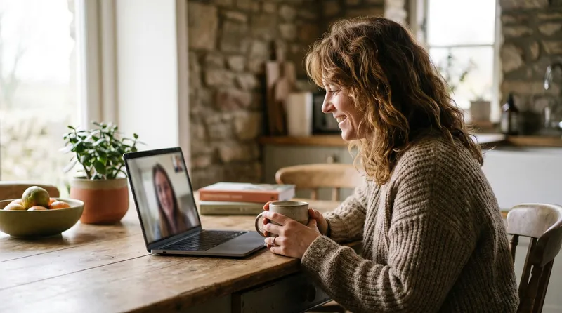 Woman on a telehealth video call at her kitchen table