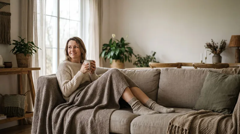 Woman relaxing on a sofa with a warm mug and a blanket