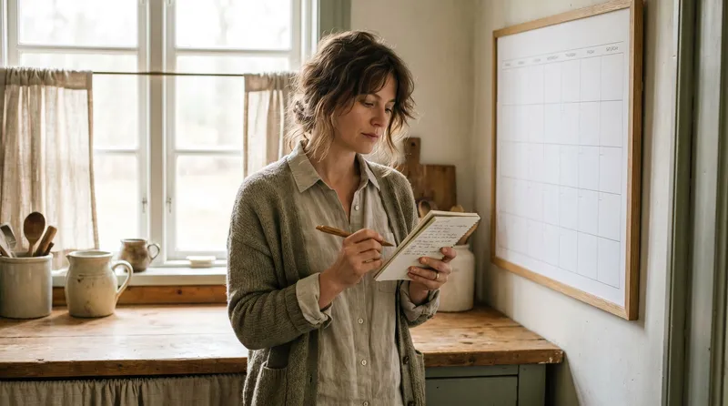 Woman checking a calendar in a bright kitchen