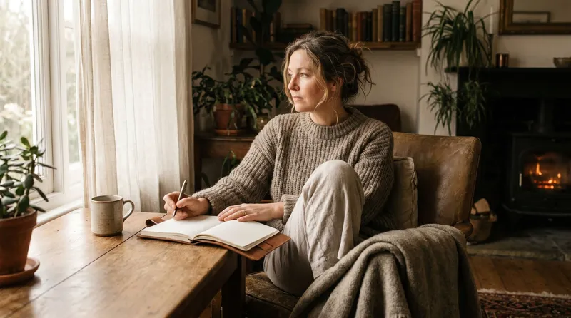 Woman journaling with coffee in a sunlit living room