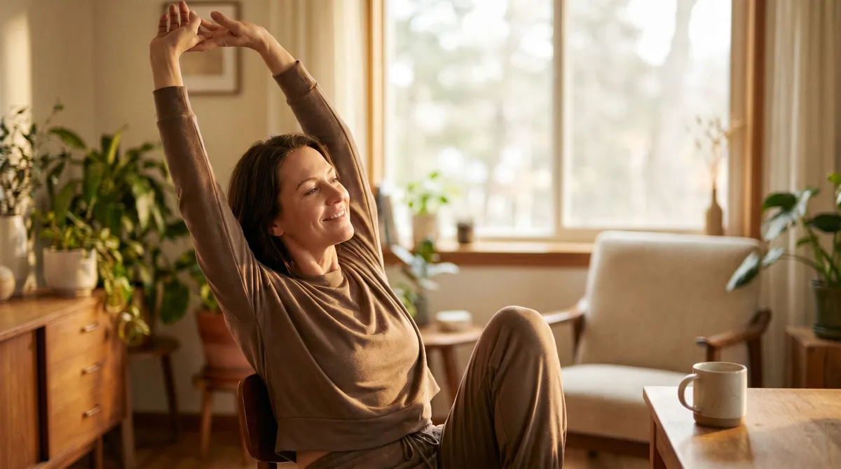 Woman stretching by a sunny window in the morning
