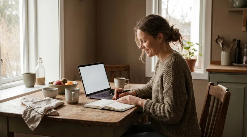 Woman planning at a kitchen table with a laptop and notebook