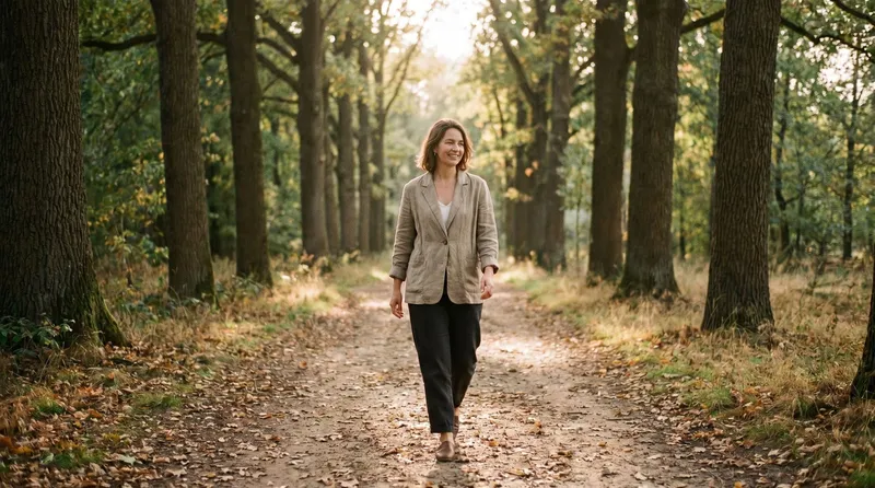 Woman walking a tree-lined path in soft daylight