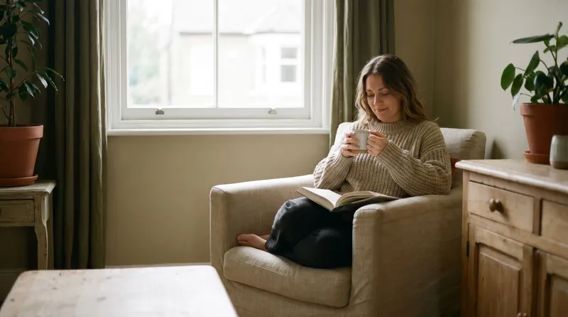 Woman reading a book with coffee by a window